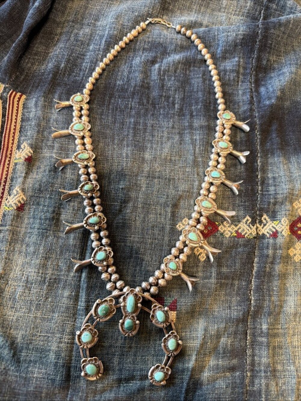 Vintage Navajo Sterling Silver Turquoise Squash Blossom Necklace